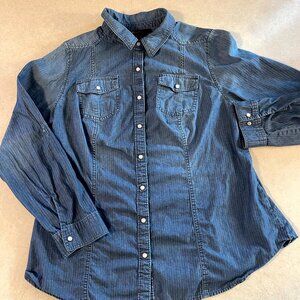 Lane Bryant Womens Chambray Shirt Plus Sz 16 Blue Pearl Snap Roll Tab Sleeve Top
